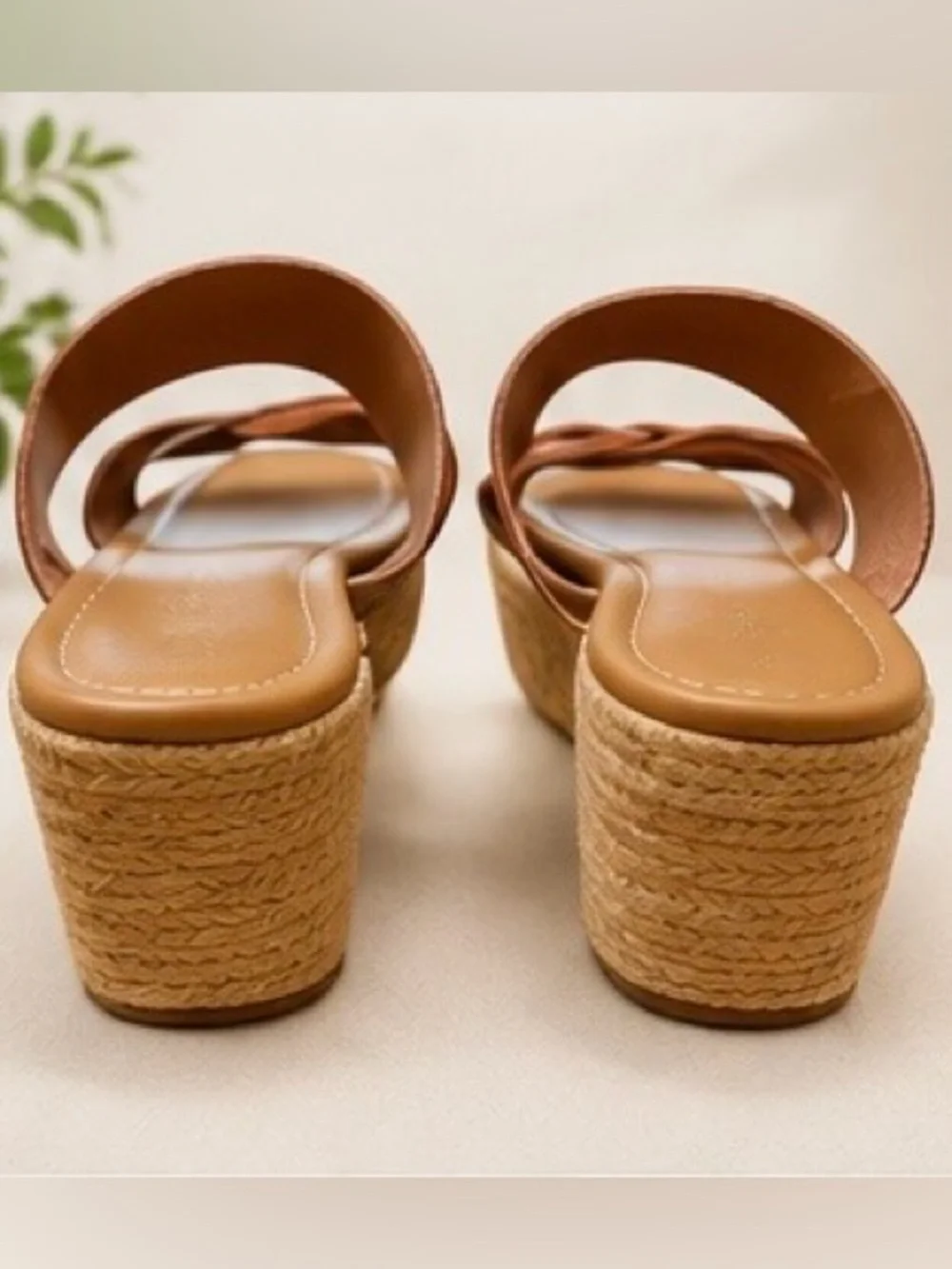 Lane Bryant 8W Wide Width Cognac Brown Espadrille Wedge Slide Sandals